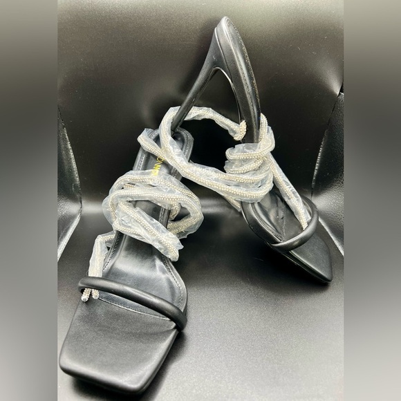 NIB Fashion Nova Black Stiletto Heels w/ Square Toe & Crystal Embellished Straps - Picture 9 of 16
